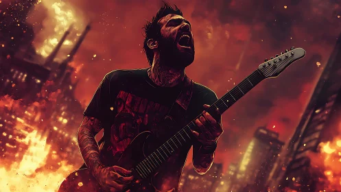 Digital painting of metal guitarist in apocalyptic inferno scene.