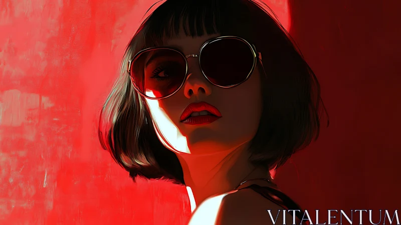 Cinematic digital portrait of woman in sunglasses, red light