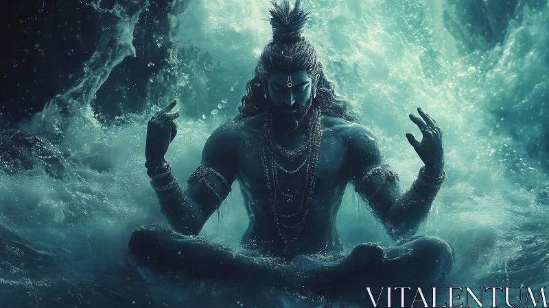 Seated mystical figure in turbulent aquatic environment.