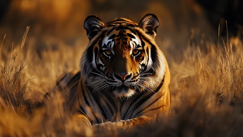 Tiger lies in dry grass under warm directional sunset light