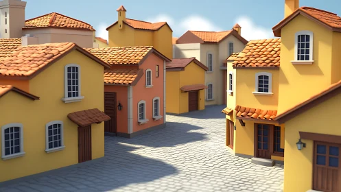 Rendered Mediterranean street with pastel houses and tiles.