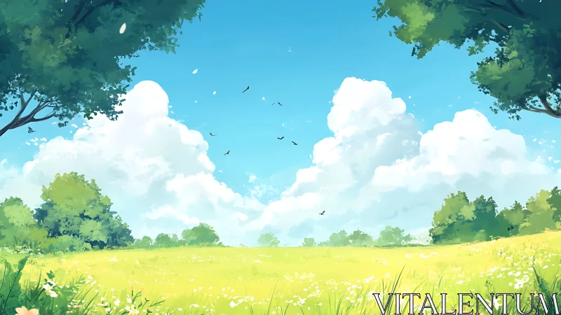 Luminous meadow landscape in bright anime pastoral style.
