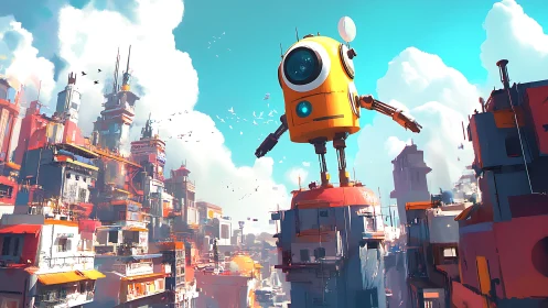 Giant orange robot surveys a colorful futuristic cityscape.