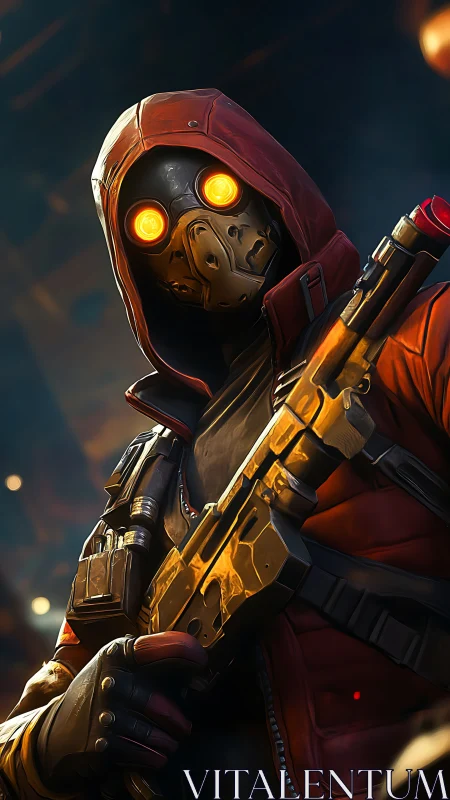 Neon-eyed gunslinger waits in molten gold and crimson armor
