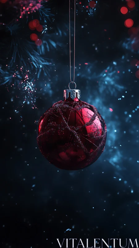 Glistening red ornament glowing softly in winter night.