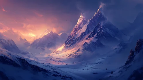 Sunlit alpine peaks glow above a vast frozen valley.