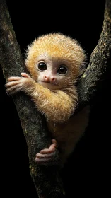 High-resolution infant primate clinging to bifurcated branch.