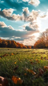 Low-angle view of autumn field under clouded sky at sunset.