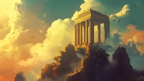 Cloudbound temple crowns a myth-forged mountain at dusk