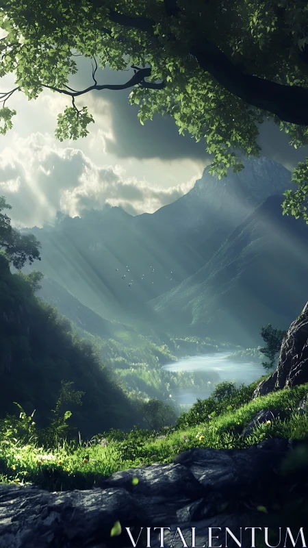 Morning light pours gently over a peaceful mountain valley