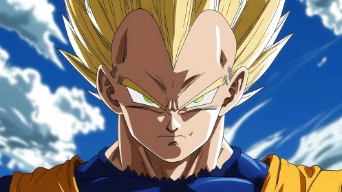 Golden haired anime warrior in close frontal portrait view.