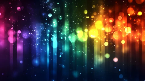 Vibrant rainbow bokeh lights on dark abstract background design.