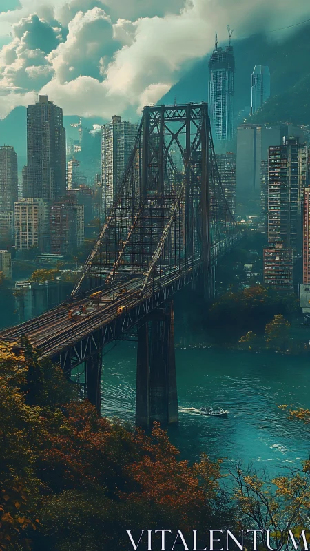 Steel bridge spanning teal river through dense high-rise city.