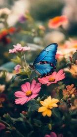 Blue-winged daydream perches amid candy-bright blossoms.