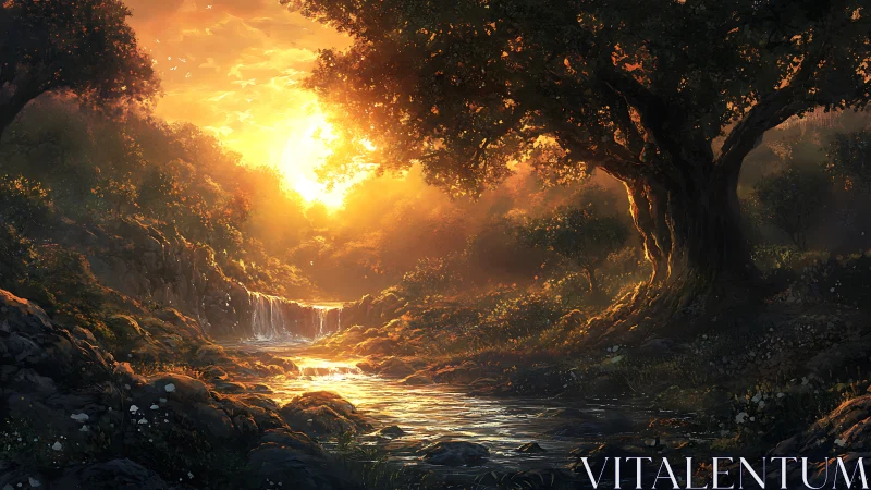 Golden sunset warms a quiet forest stream and gentle waterfall