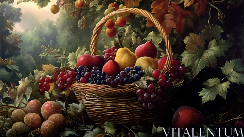 Harvest basket glows with sunlit fruit in lush forest still life.