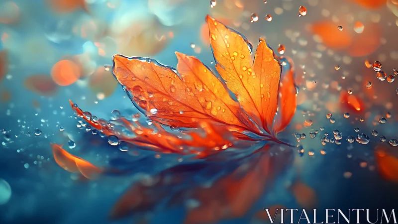 Glowing orange leaf floating softly through sparkling water.