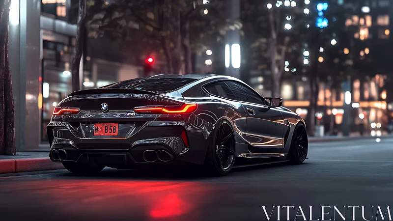 Black BMW sports coupe parked on glossy city street at night.