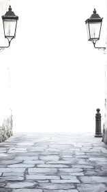 Stone lane drifts into bright nothing while lanterns linger