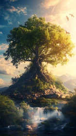 Large tree on rocky island above waterfall at sunrise