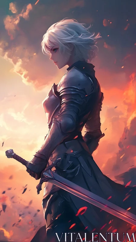 Silver-haired knight pausing in ember-lit evening sky.