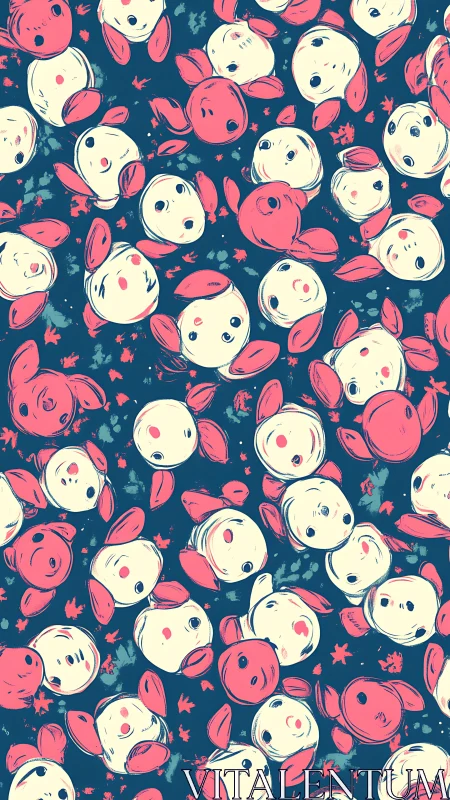 Seamless pattern of stylized pig faces on dark background.