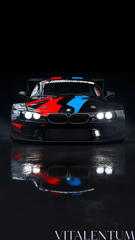 Front-facing BMW race coupe under high-contrast studio lighting.