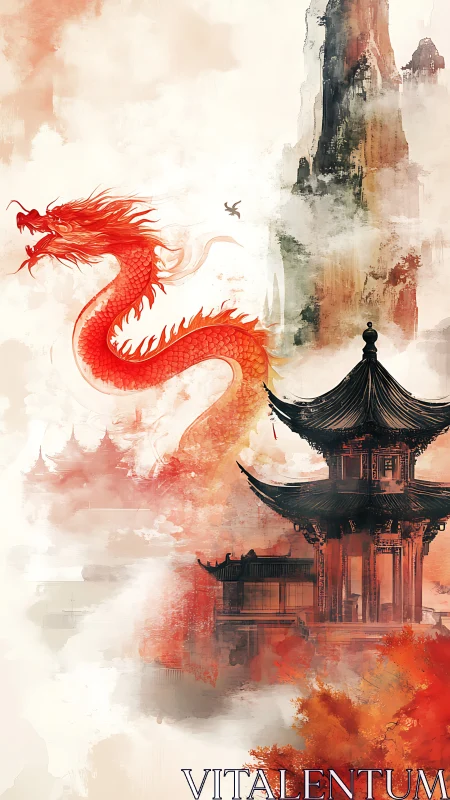 Crimson dragon coils above misted pagoda in ethereal ink wash