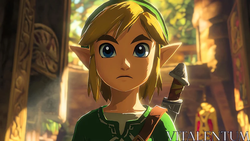 Anime hero portrait in luminous forest temple setting.