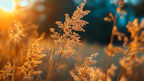 Backlit wild grasses in golden hour bokeh, shallow depth of field