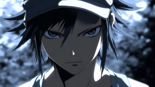 Intense anime rival framed in cool, dramatic shadows.