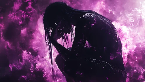 Nebulous silhouette curls inward as violet storms whisper