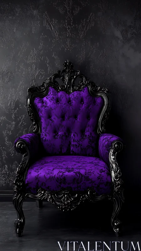 Baroque purple armchair in noir interior, high-contrast rendering.