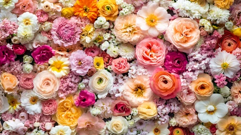 Densely layered floral arrangement displays vibrant blooms in coordinated warm tones