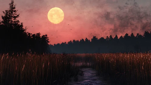 Blood-moon dusk glows over a quiet marshland path.