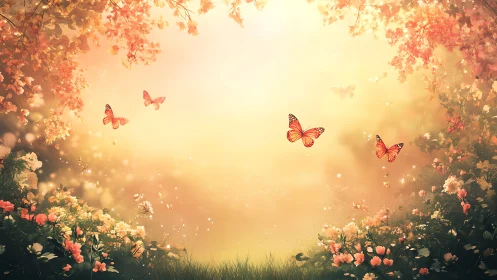 Sunlit butterflies drifting above a glowing floral sanctuary.