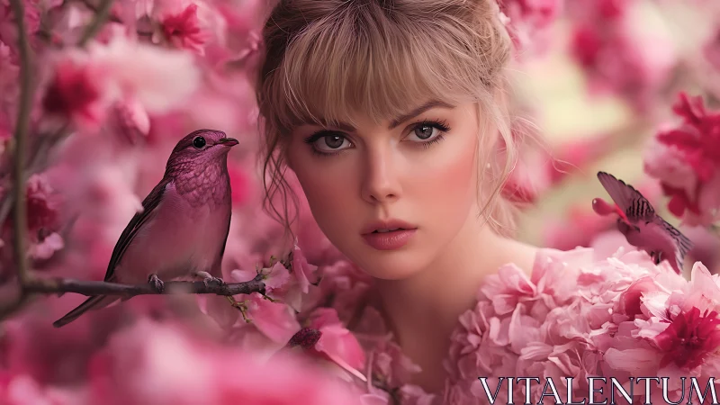 Soft spring portrait with pink songbirds and blossoms.
