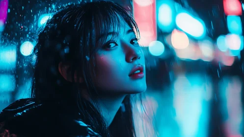 Neon rain reflections with a quiet, contemplative gaze.