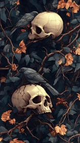 Skulls and crows entwine through dark autumn branches.