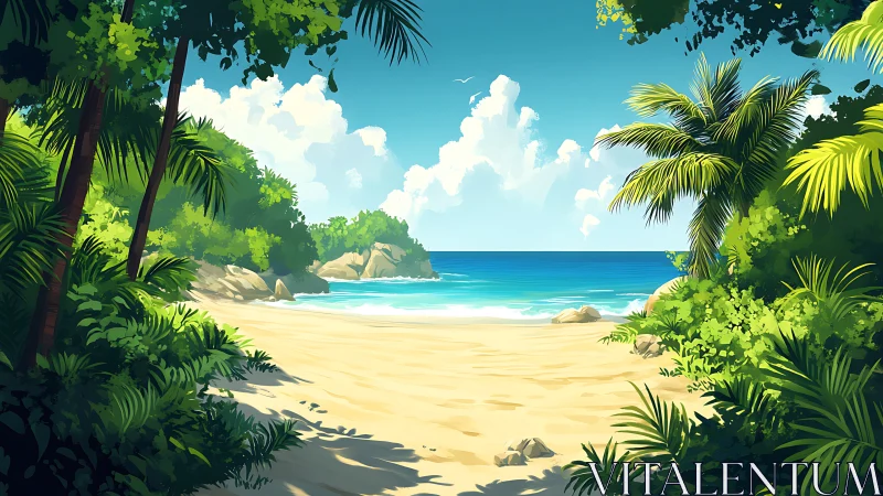 Tropical Beach Paradise: Digital Illustration of Secluded Shoreline with Palms.