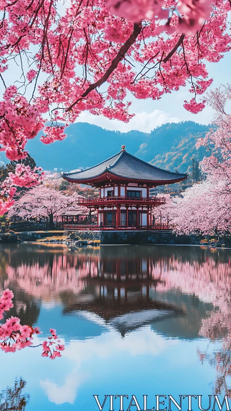 Serene lakeside temple rests beneath vivid cherry blossoms