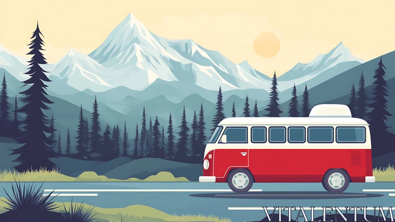 Retro camper van traversing stylized alpine conifer valley.