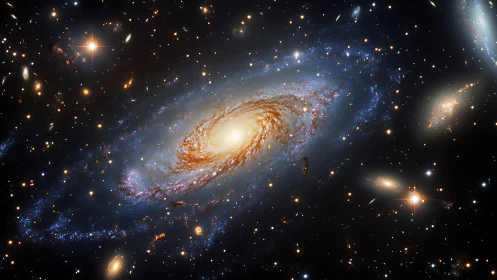 Golden spiral galaxy drifting through a jeweled night sky.