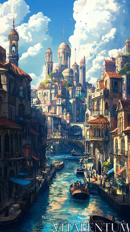 Sunlit canal citadel rising beneath storybook clouds.