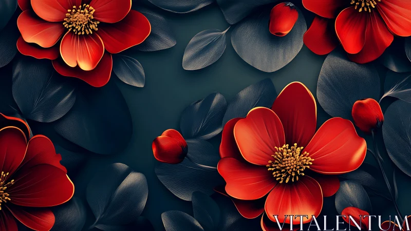 Volumetric Red Florals: Digital 3D Composition with Teal Backdrop.