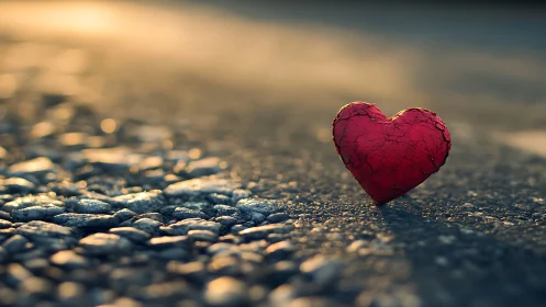 Solitary crimson heart resting on weathered pebbles.