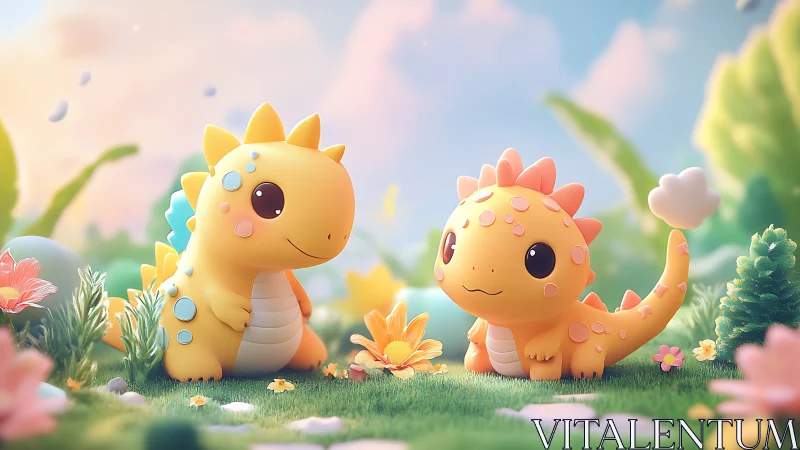 Cute pastel baby dinosaurs share a sunny fantasy meadow moment.