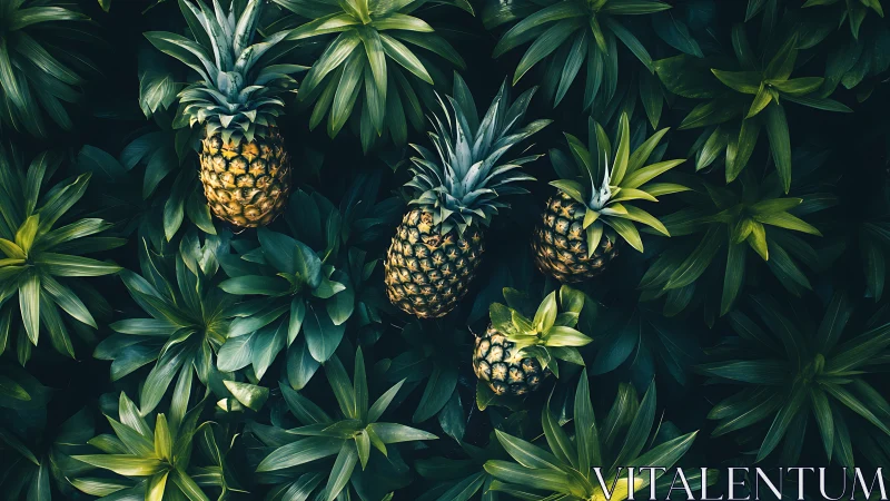 Ripe pineapples nestle within dense tropical foliage canopy.