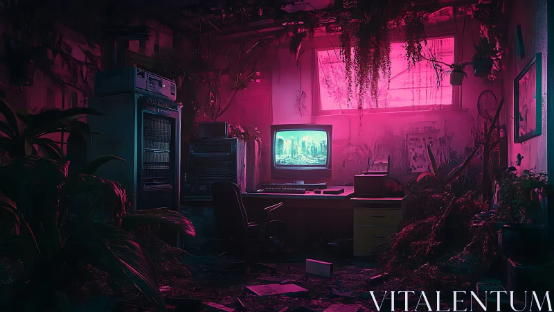 Retro workstation in overgrown neon server room with CRT display