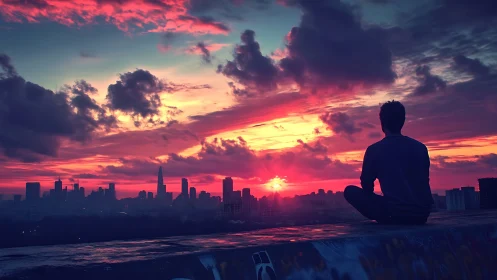 Man meditates above city skyline under vivid sunset sky